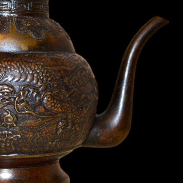 Signed Bronze Teapot With Dragon Decorations, Origin, China From The End Of The 19th Century, Good Condition-photo-1