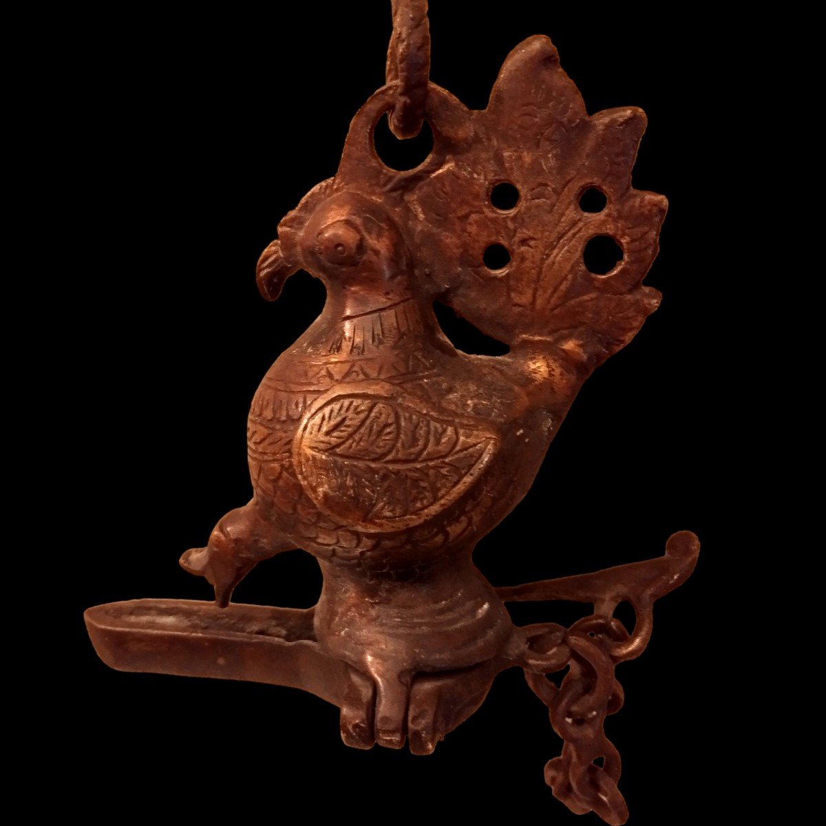 Lampe à huile en bronze, paon, oiseau adoré, Inde du Sud vers 1900-photo-2
