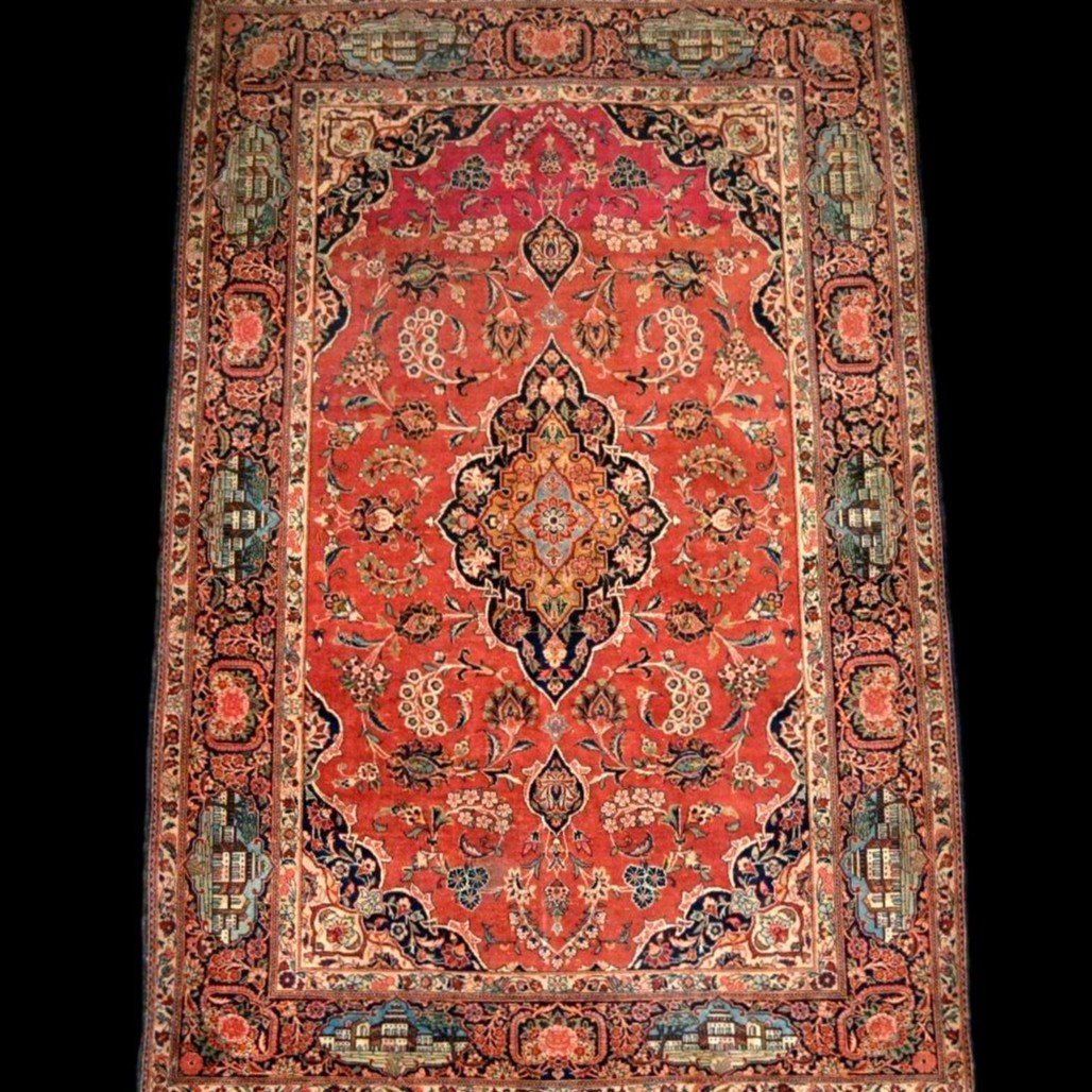 Rare Tapis Kashan floral à décor d'architecture, 136 x 208 cm, laine & soie nouées main, XIXème-photo-2