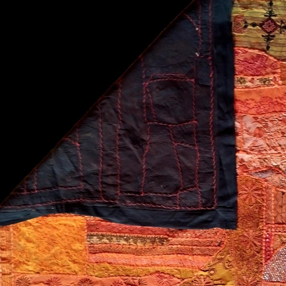 Antique Mirror Embroidery Or Sheesha, 200 X 225 Cm, Gujarat, India, 1980, Very Good Condition-photo-3