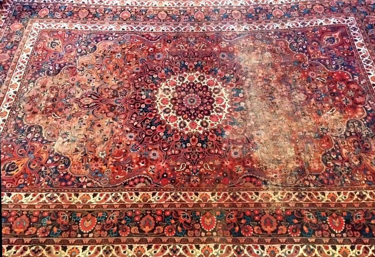 Tapis Macchad signé, 273 x 405 cm, laine nouée main, Iran, 1930, usure générale, Shabby chic-photo-4