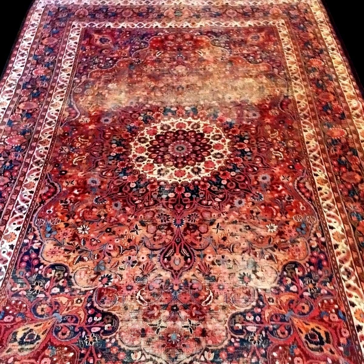Tapis Macchad signé, 273 x 405 cm, laine nouée main, Iran, 1930, usure générale, Shabby chic