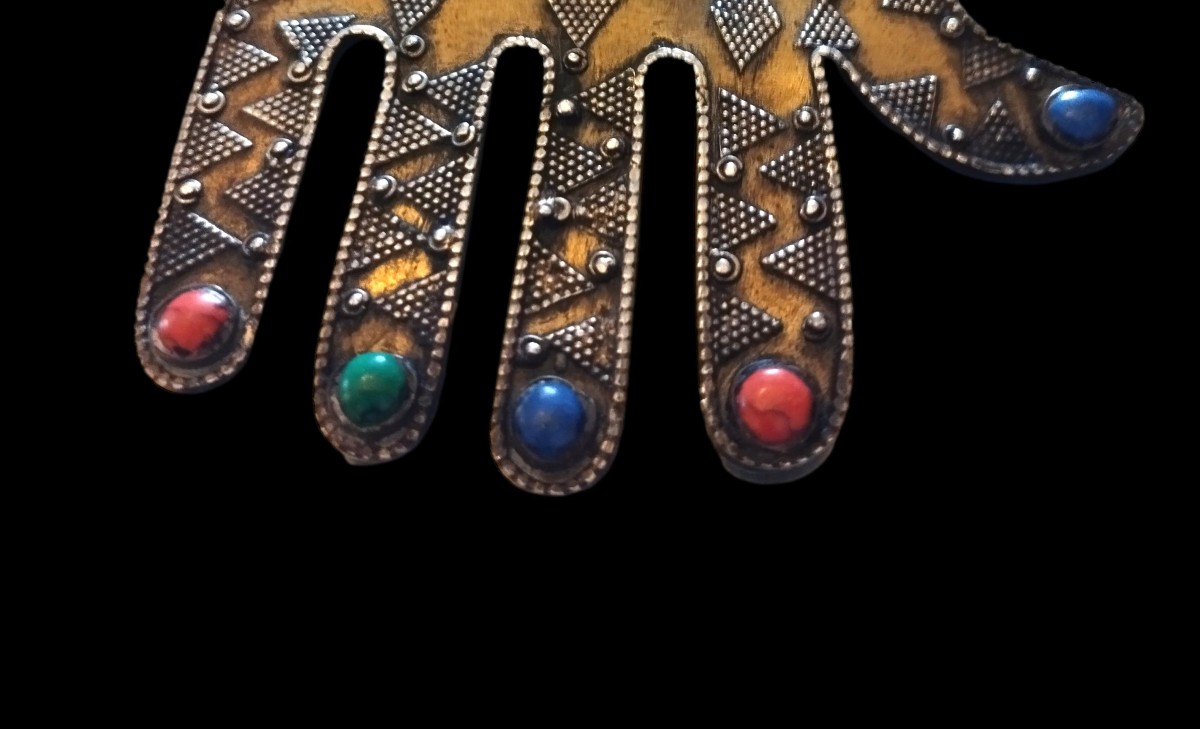 Khamsa en pendentif, amulette, fin XIXème, vermeil & argent, pierres, rare modèle de qualité-photo-3