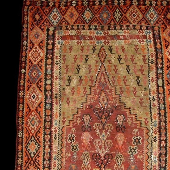 Tapis de prière en Kilim Senneh, 142 x 220 cm, tissé à plat en Iran, Perse du XIXème S, Kadjar-photo-4