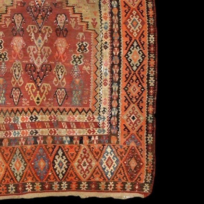 Tapis de prière en Kilim Senneh, 142 x 220 cm, tissé à plat en Iran, Perse du XIXème S, Kadjar-photo-3