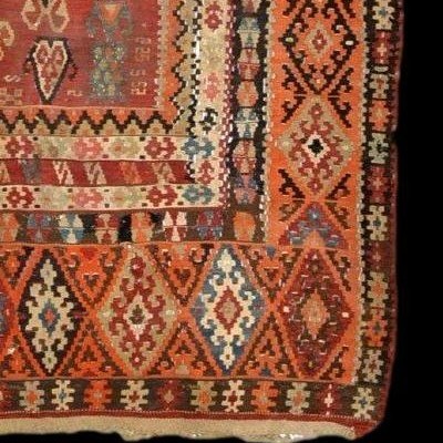 Tapis de prière en Kilim Senneh, 142 x 220 cm, tissé à plat en Iran, Perse du XIXème S, Kadjar-photo-4