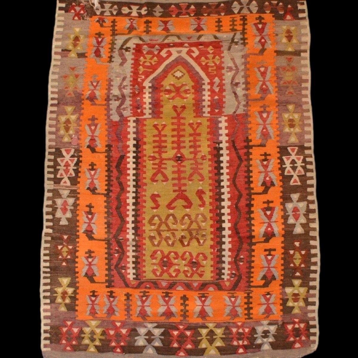 Tapis de prière en Kilim Senneh, 142 x 220 cm, tissé à plat en Iran, Perse du XIXème S, Kadjar-photo-7