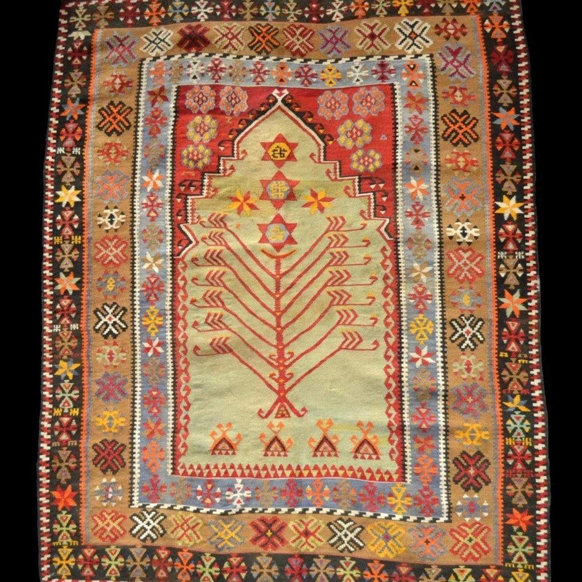 Tapis de prière en Kilim Senneh, 142 x 220 cm, tissé à plat en Iran, Perse du XIXème S, Kadjar-photo-8