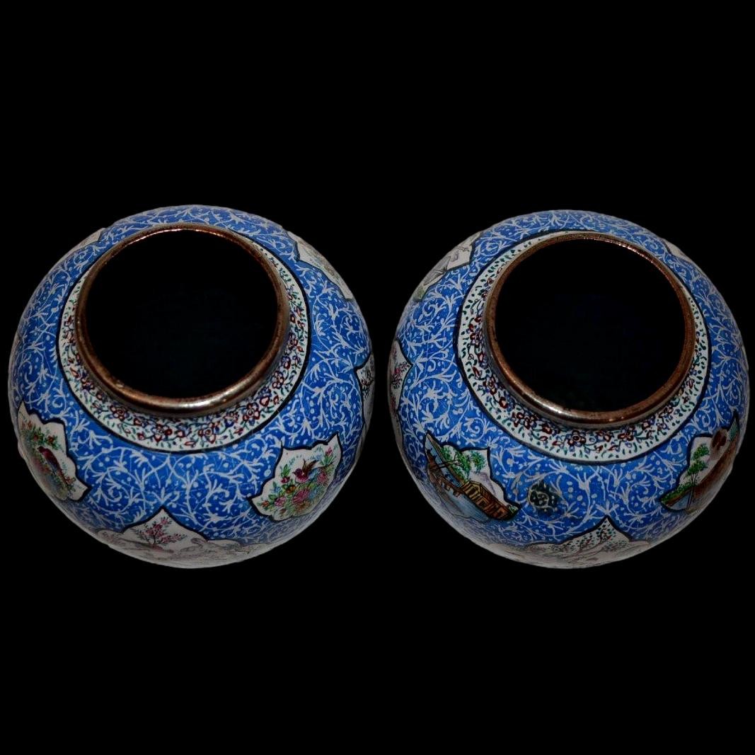 Pair Of Vases Signed In Minâkâri, Painted Miniatures, Isfahan, Iran, Early 20th Century, Qajar-photo-3