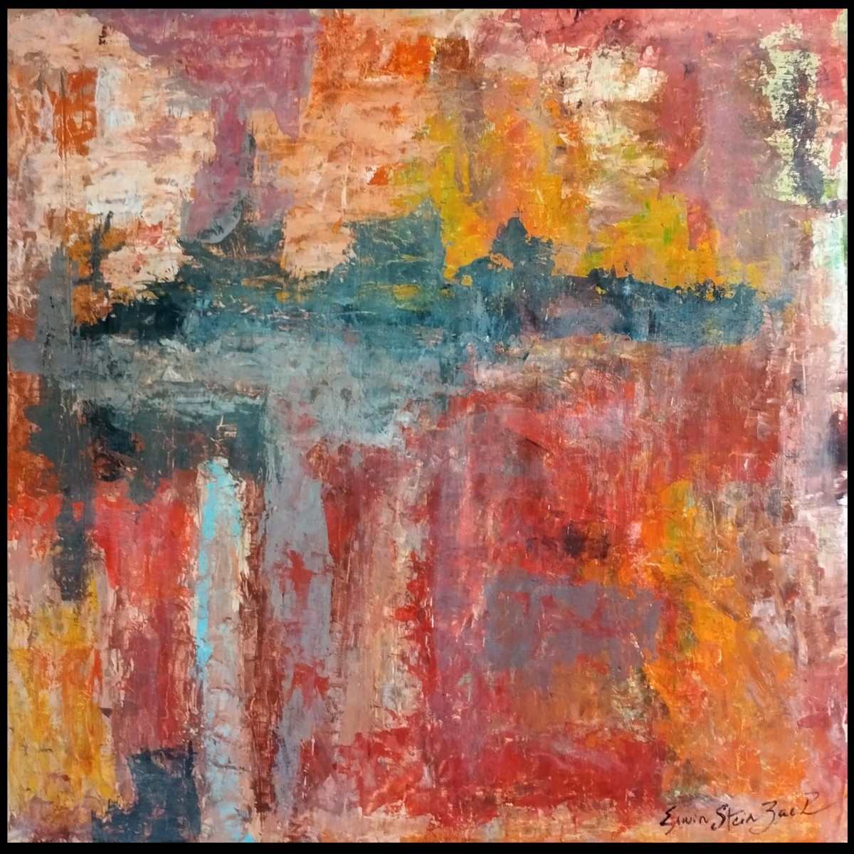 Erwin Steinbach (1964 -) 90 X 90 Cm, "stormy Sky Over The Countryside" Mixed Media On Panel