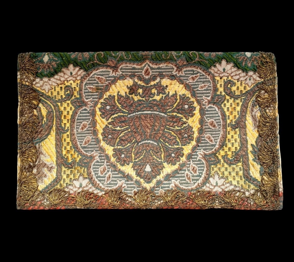 Pochette de soirée ancienne, blason & fleurs, damassé brodé de fil or, très bon état-photo-2