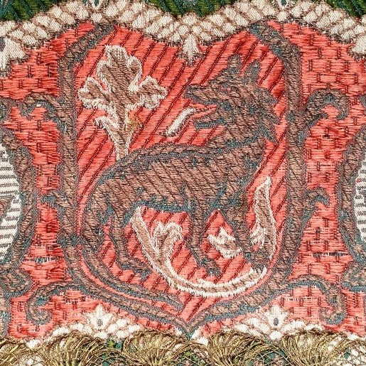 Pochette de soirée ancienne, blason & fleurs, damassé brodé de fil or, très bon état-photo-4