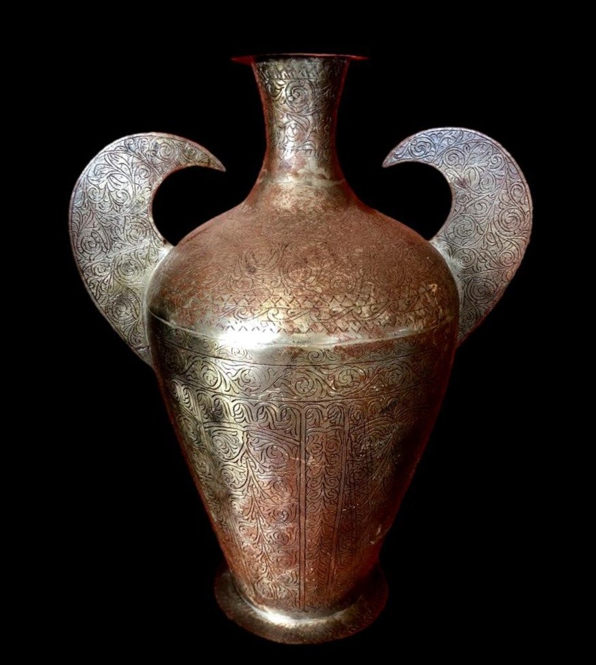 Indo-persian Vase, Finely Engraved Brass, Late 19th Century, Very Good Condition, Beautiful Patina-photo-7