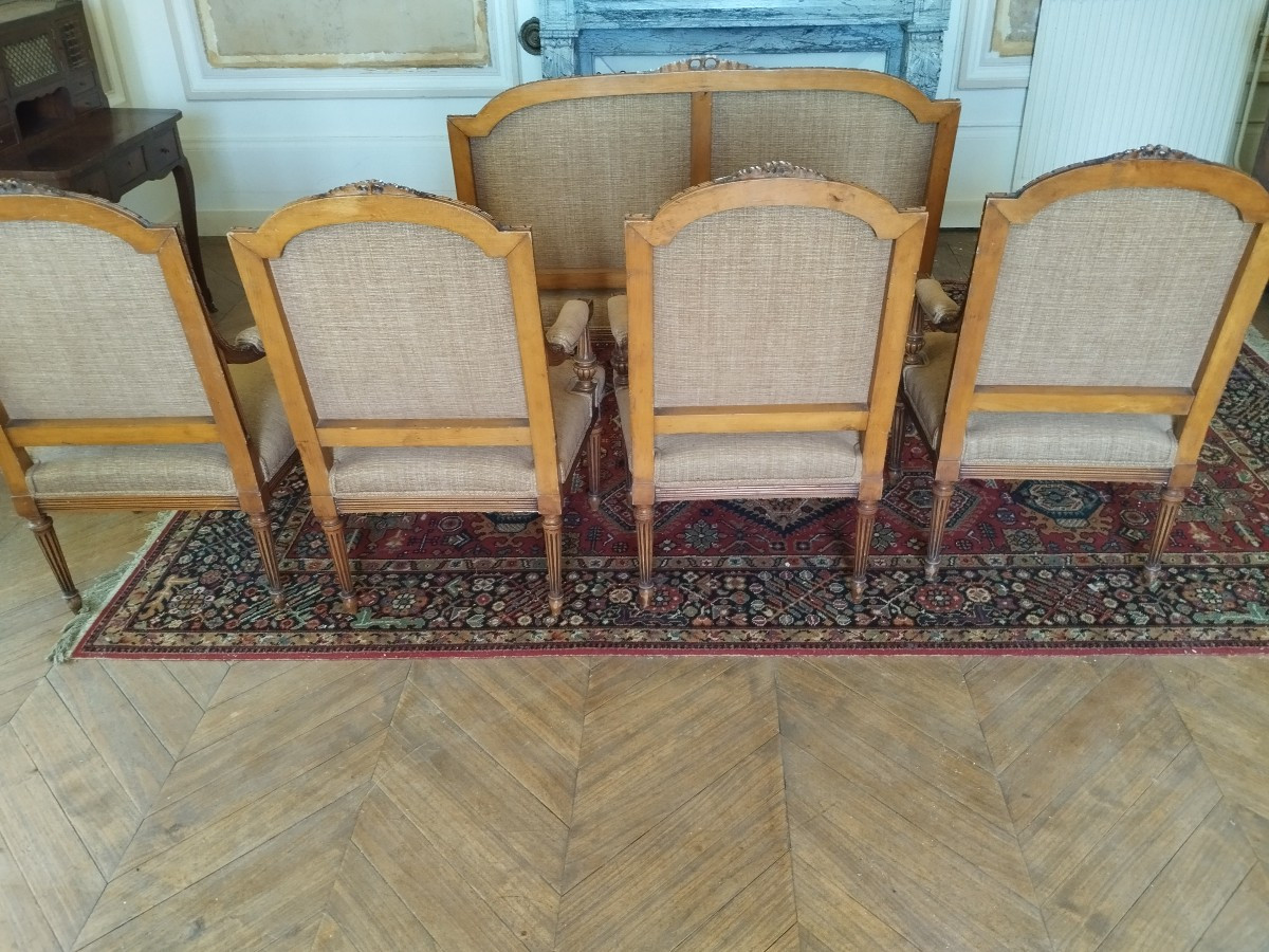 Ensemble de 4 fauteuils et 1 banquette de style Louis XVI,  1890 - 1910, en très bon état-photo-1
