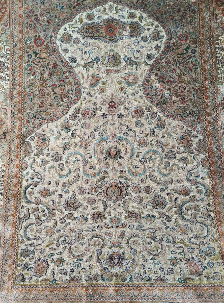 Tapis Hereke ancien, 92 x 130 cm,  soie sur soie et fil d'argent, rare, 1920, Turquie, ottoman-photo-6