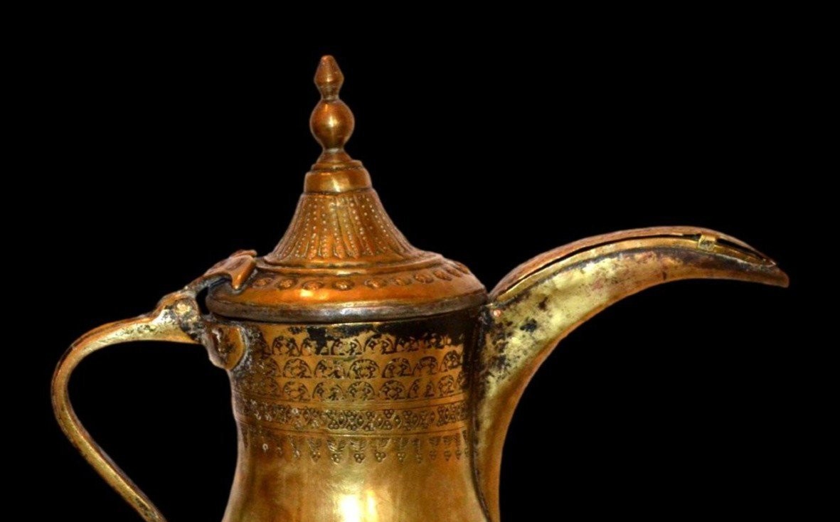 Traditional Dallah Coffee Pot, Brass And Bronze, H 31 Cm, Persian Gulf 19th Century-photo-4