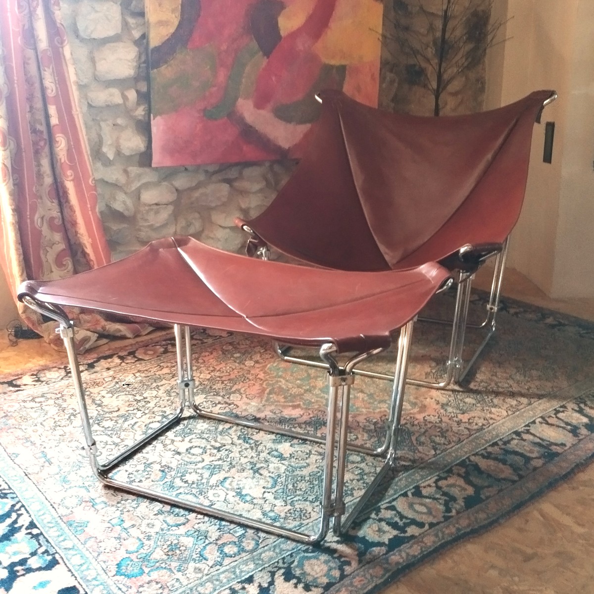 Armchair And Ottoman, Leather & Stainless Steel, 1970s, Restored Set, Perfect Condition-photo-2