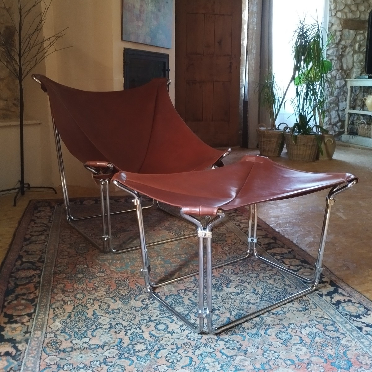 Armchair And Ottoman, Leather & Stainless Steel, 1970s, Restored Set, Perfect Condition