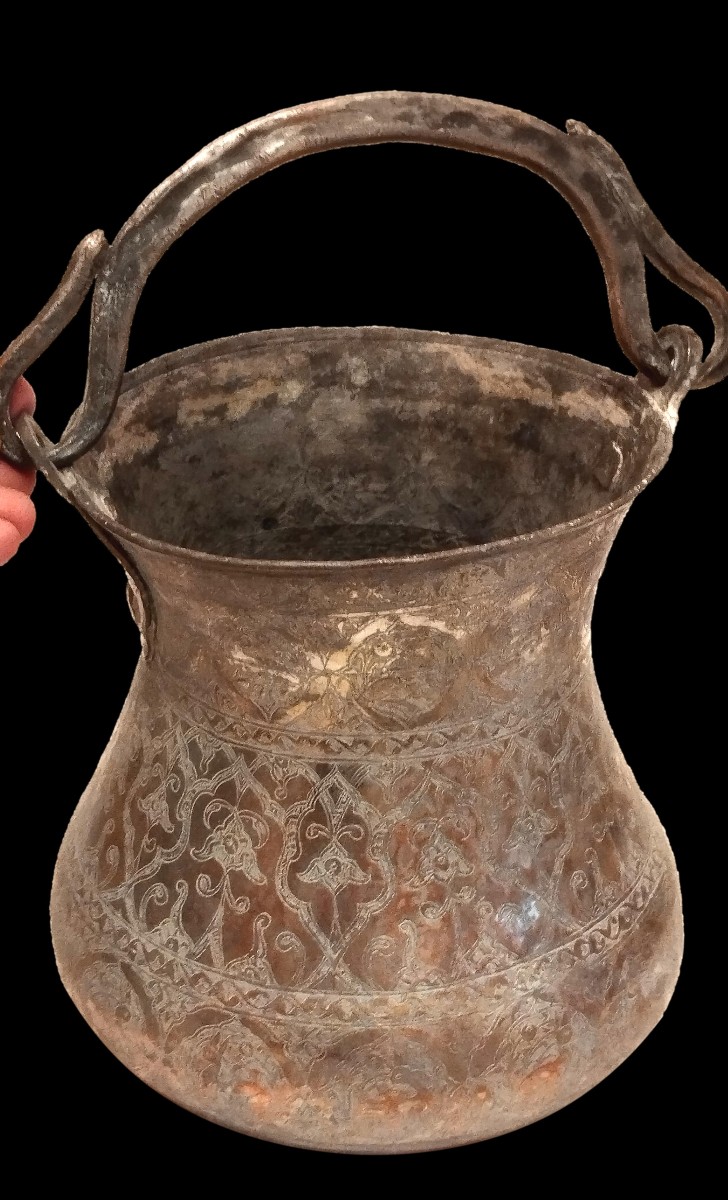 Tinned Copper Vase With Handle, 19th Century Iran, Engraved Friezes, Mandorlas And Animals, Kadjar-photo-3
