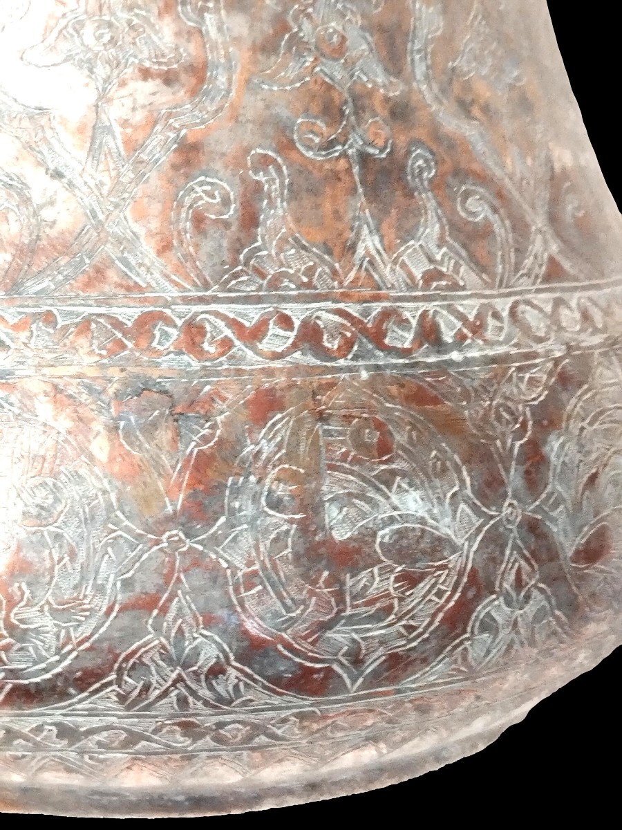 Tinned Copper Vase With Handle, 19th Century Iran, Engraved Friezes, Mandorlas And Animals, Kadjar-photo-4