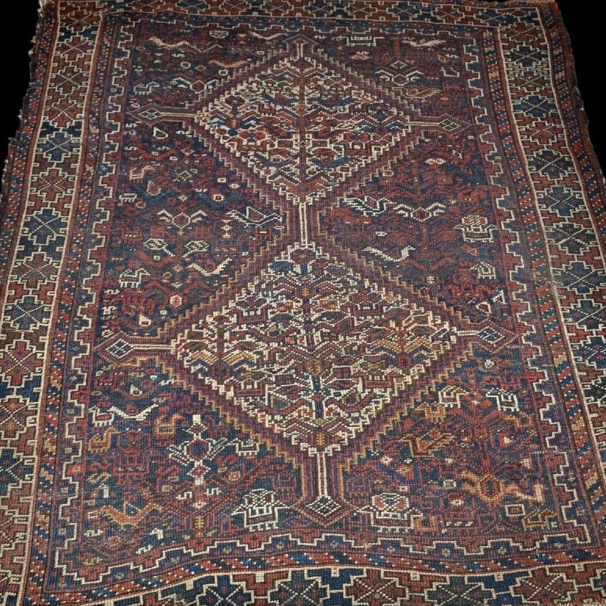 Tapis Khamseh, 111 x 139 cm, laine nouée main, tribus des Khamseh, Iran, région de Shiraz