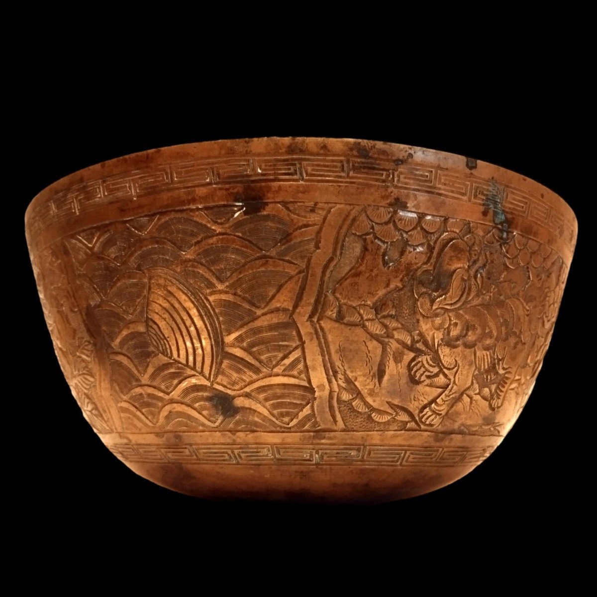 Bol, 26 cm, bronze doré de style Ming Xuande, XIXème, symboles de bons augures-photo-4