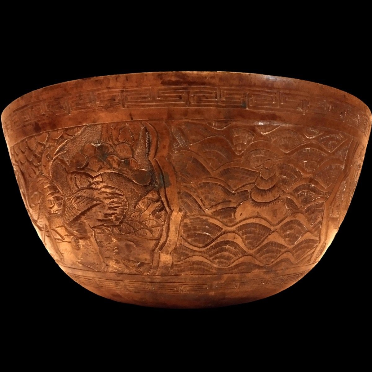 Bol, 26 cm, bronze doré de style Ming Xuande, XIXème, symboles de bons augures-photo-1