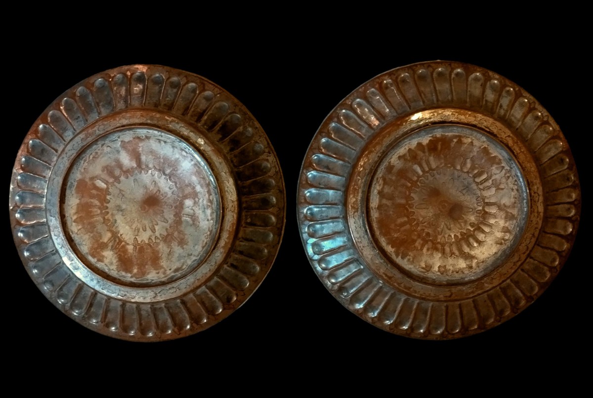 Paire de plateaux à godrons, cuivre étamé, Anatolie, Turquie vers 1900 - 1920, très bon état-photo-3
