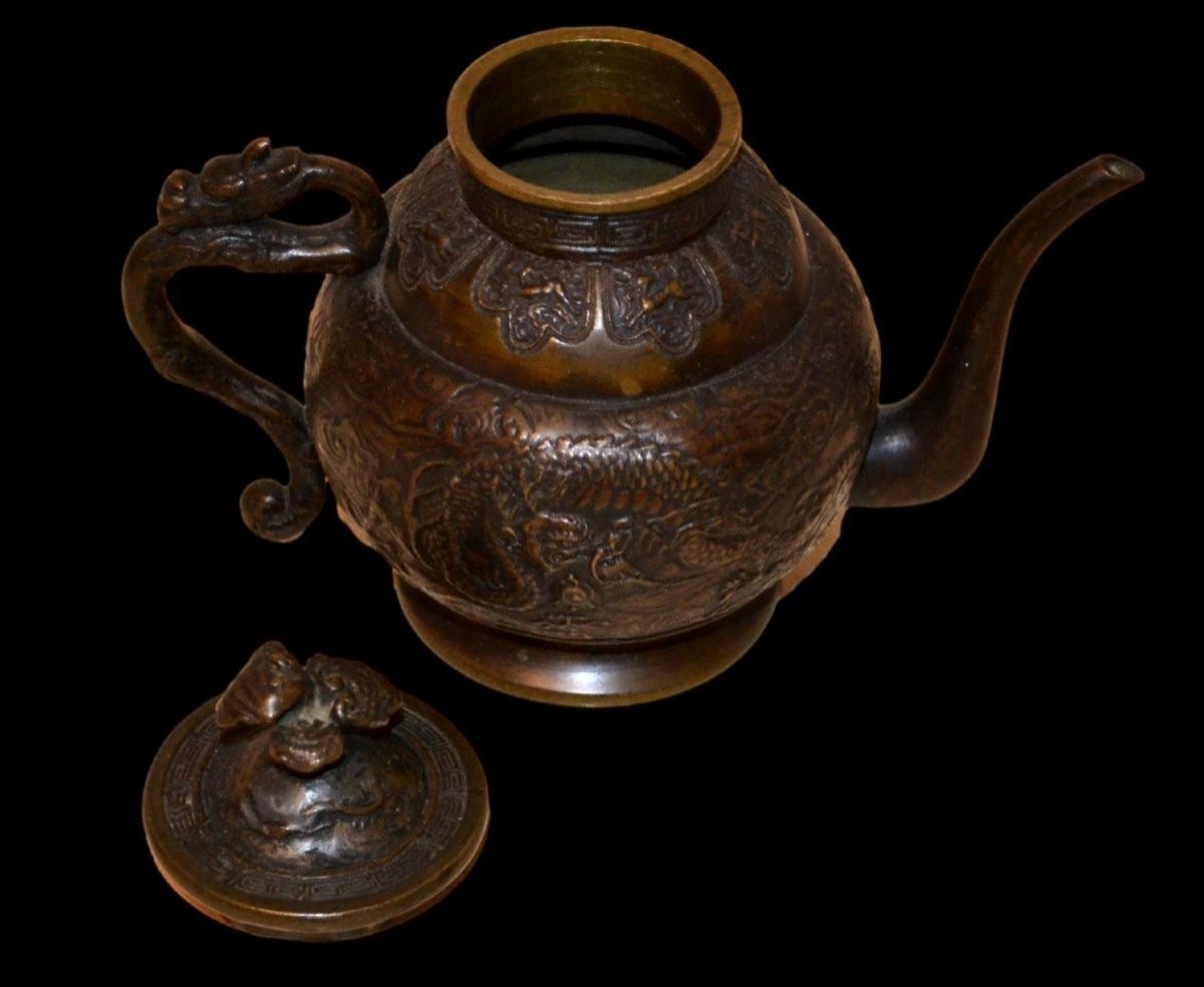 Théière au dragon, bronze, signée, chine fin du XIXème siècle-photo-1
