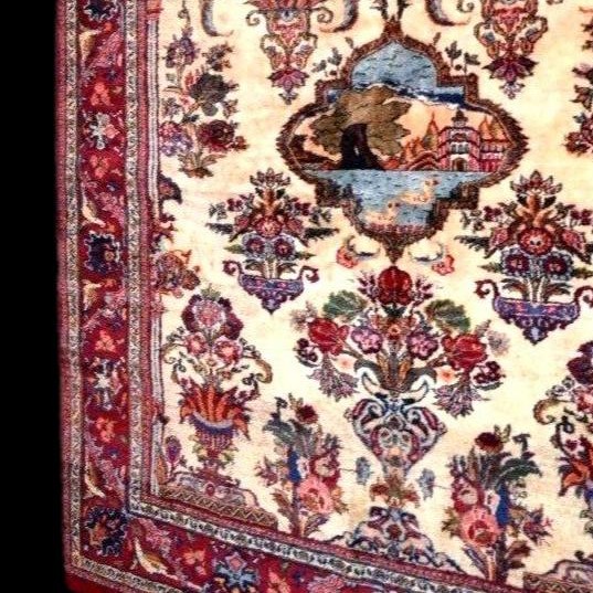 Tapis Kashan, 146 x 192 cm, paysage, laine kork nouée main, Iran vers 1980 en parfait état-photo-1