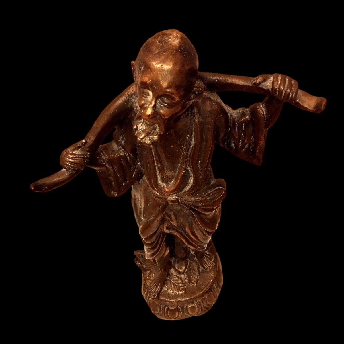 Importante statue Chine ou Vietnam, ancienne, bronze, porteur d'eau, 1900 - 1920.-photo-4