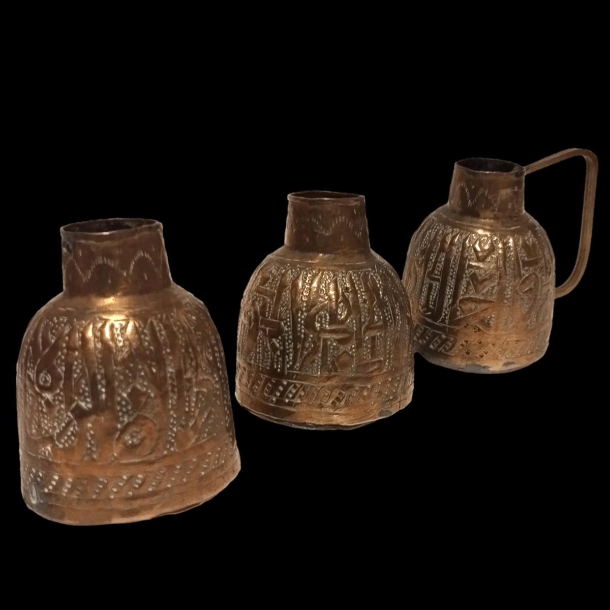 Three Flasks, Brass, Calligraphy, Middle East, 1920-1930-photo-2
