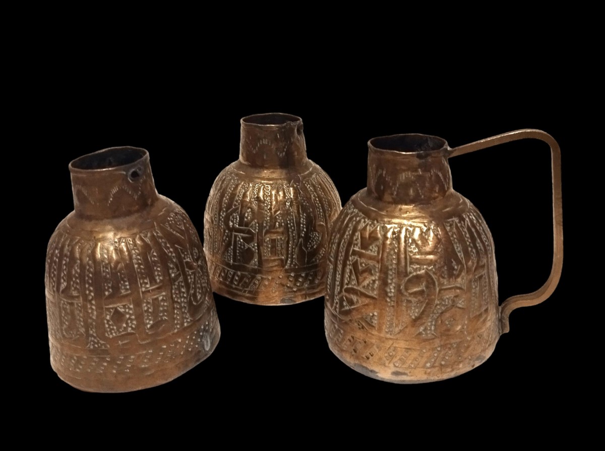 Three Flasks, Brass, Calligraphy, Middle East, 1920-1930-photo-3