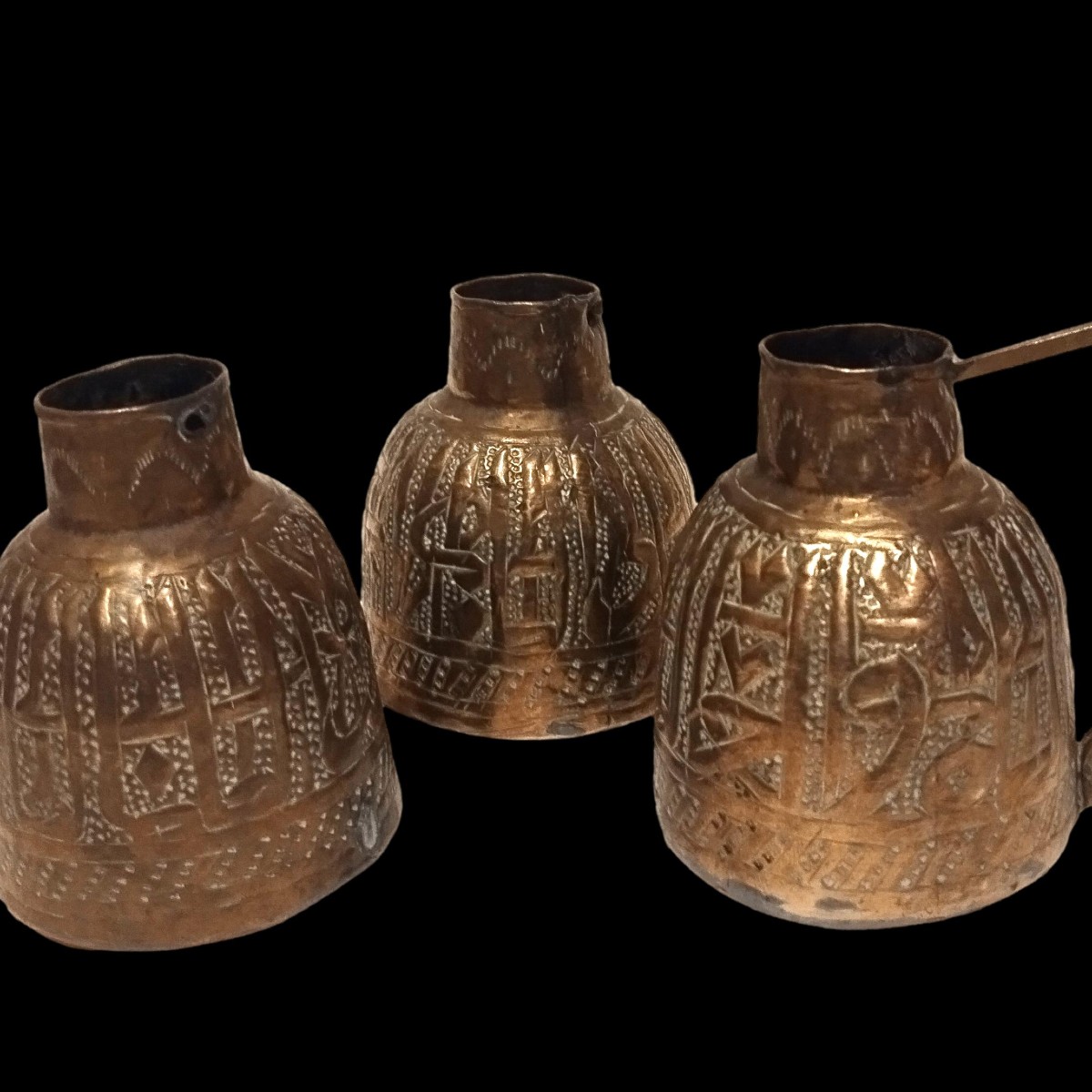 Three Flasks, Brass, Calligraphy, Middle East, 1920-1930