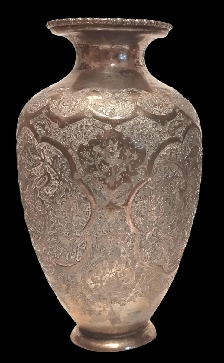 Ghalam-zani Wedding Vases, Isfahan, Iran, Silvered Copper, Qajar Dynasty Circa 1900-1920-photo-2