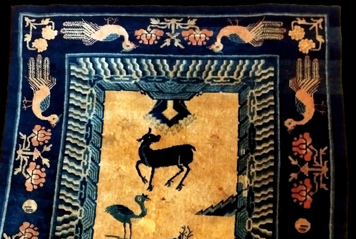 Taoist Scholar's Rug, 126 X 170 Cm, Wool & Silk, Manchuria, China 1880-1900, Very Good Condition-photo-3