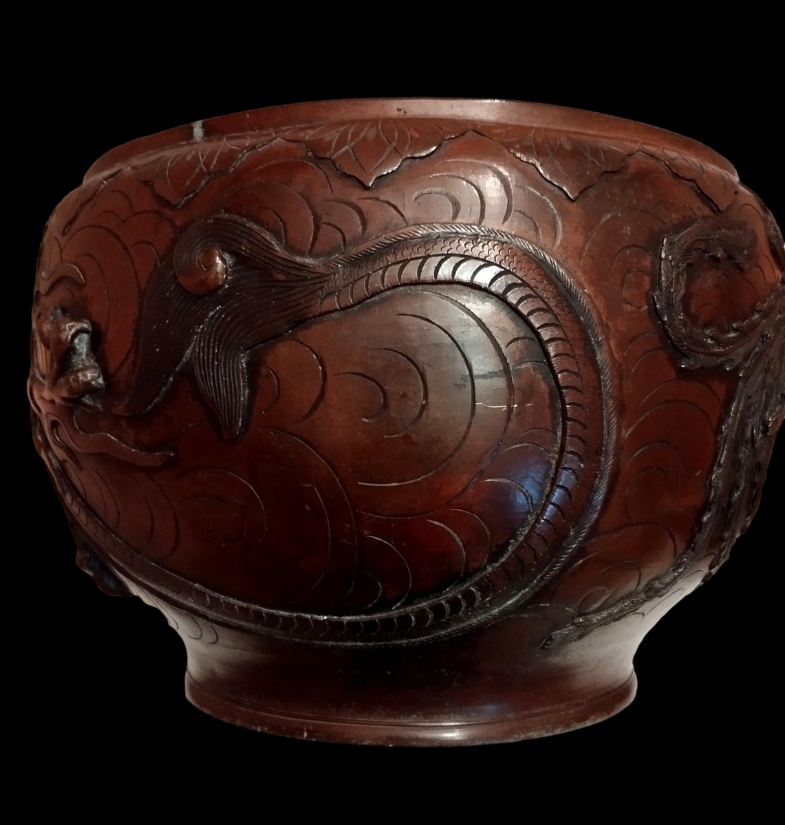 Bassin en bronze décoré en haut-relief, Japon, ère Meiji .1880 - 1900, très bon état collection-photo-3