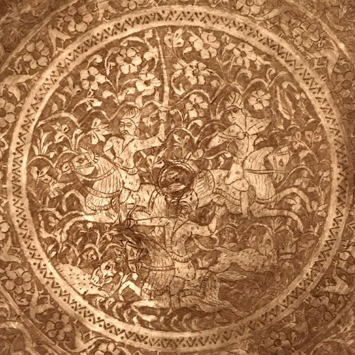 Tinned Copper Dish, Engraved "the Hunt", Iran Circa 1920-1930, Very Good Collector's Condition-photo-2