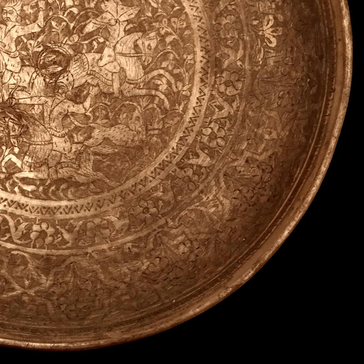 Tinned Copper Dish, Engraved "the Hunt", Iran Circa 1920-1930, Very Good Collector's Condition-photo-2