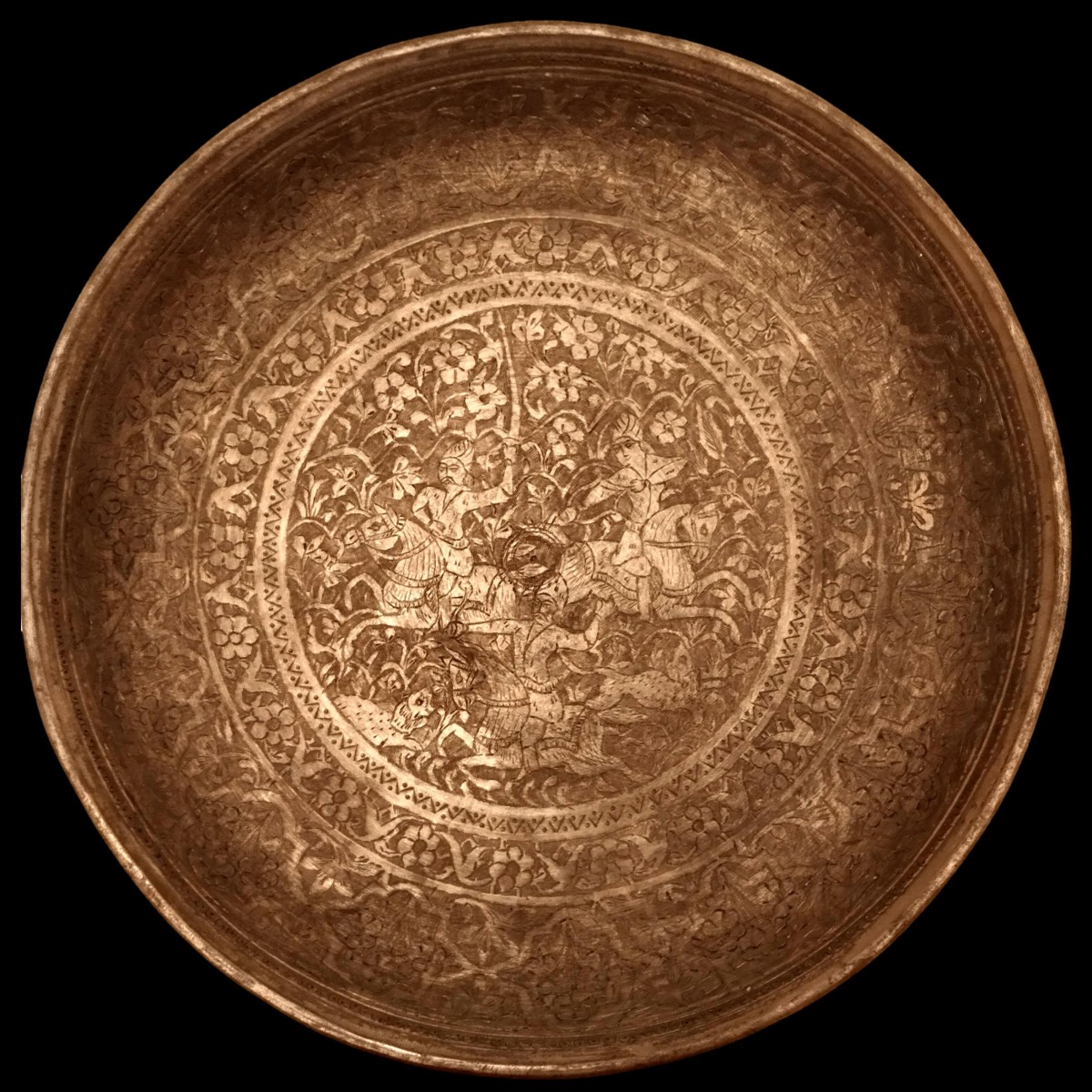 Tinned Copper Dish, Engraved "the Hunt", Iran Circa 1920-1930, Very Good Collector's Condition