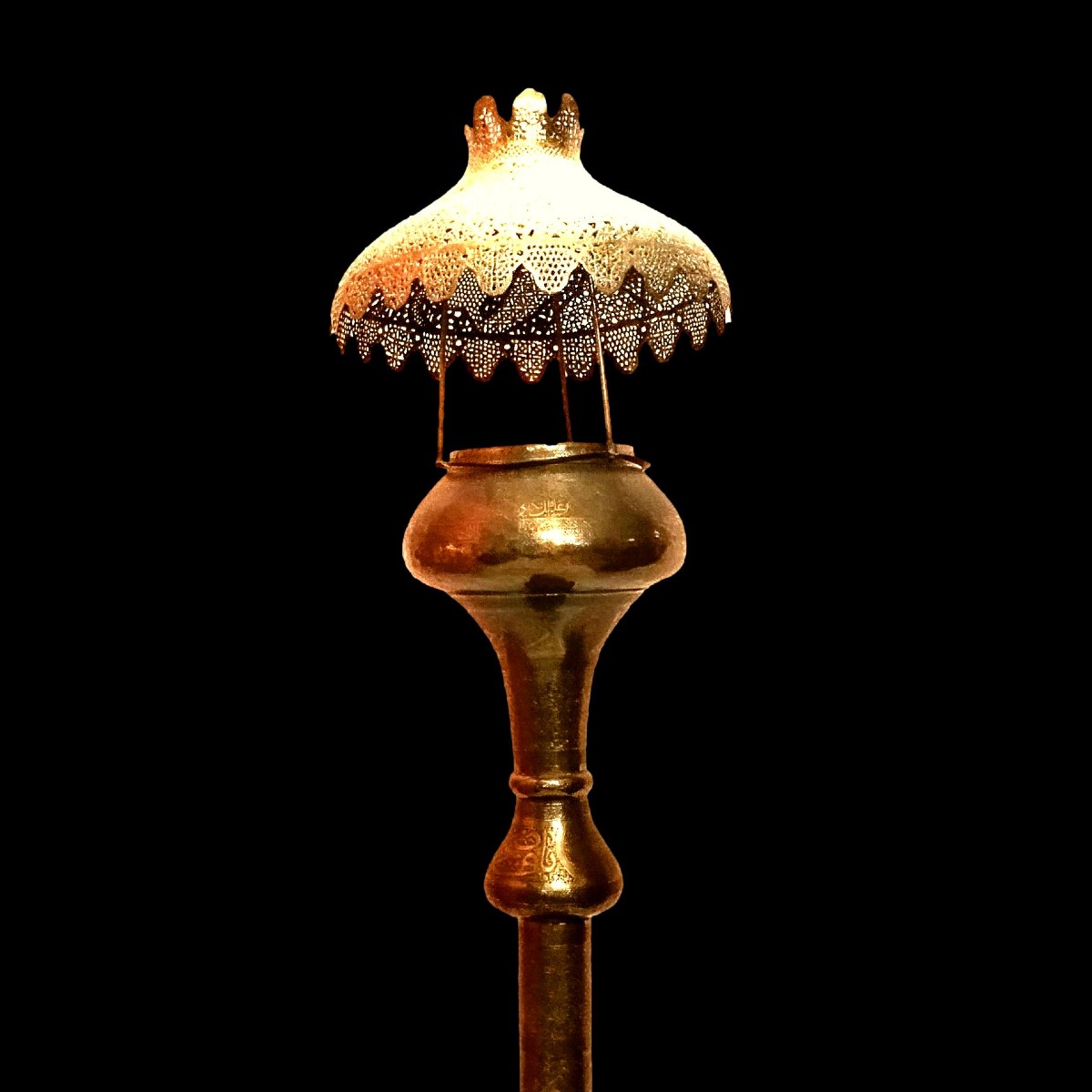 Large Floor Torch, From A Mosque, 202 Cm High, 19th Century, Chased Brass, Openwork, Very Good Condition-photo-2