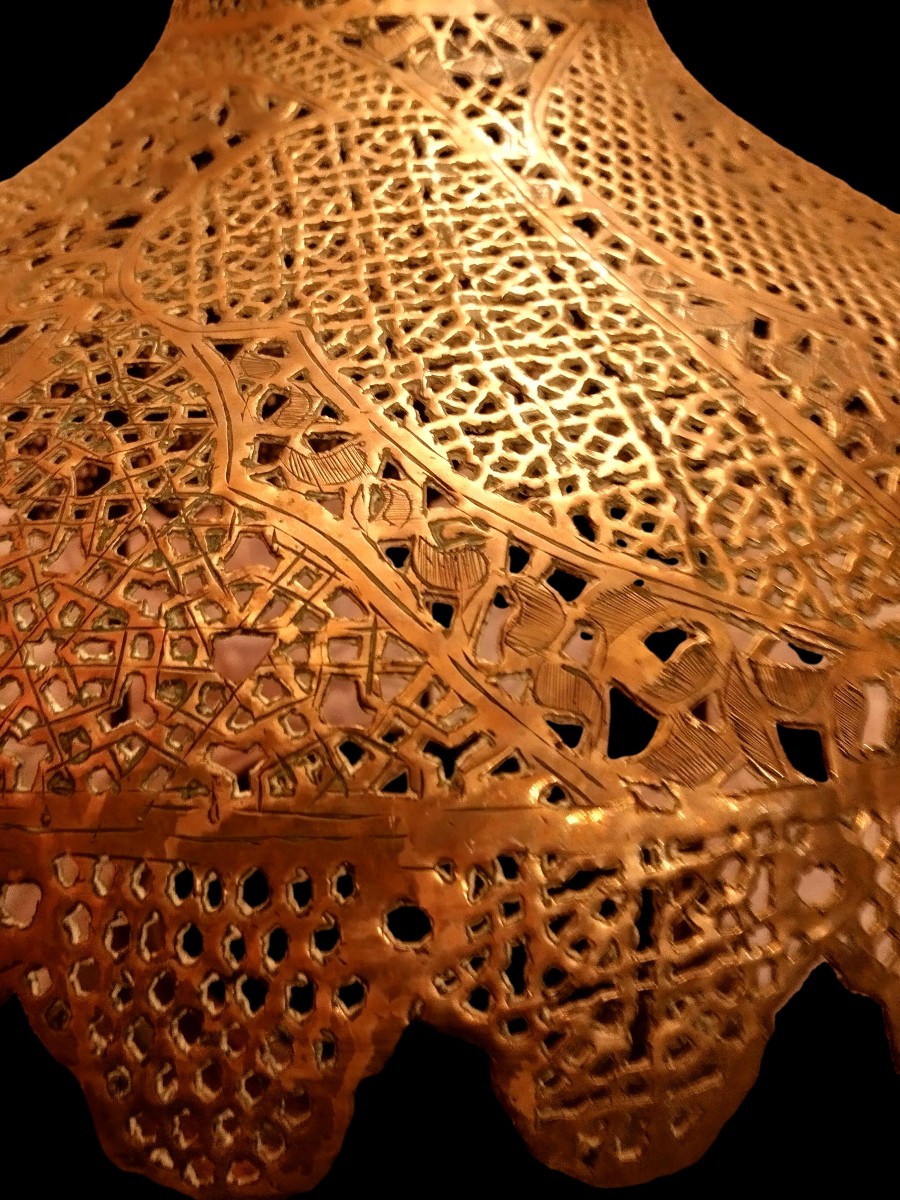 Large Floor Torch, From A Mosque, 202 Cm High, 19th Century, Chased Brass, Openwork, Very Good Condition-photo-4