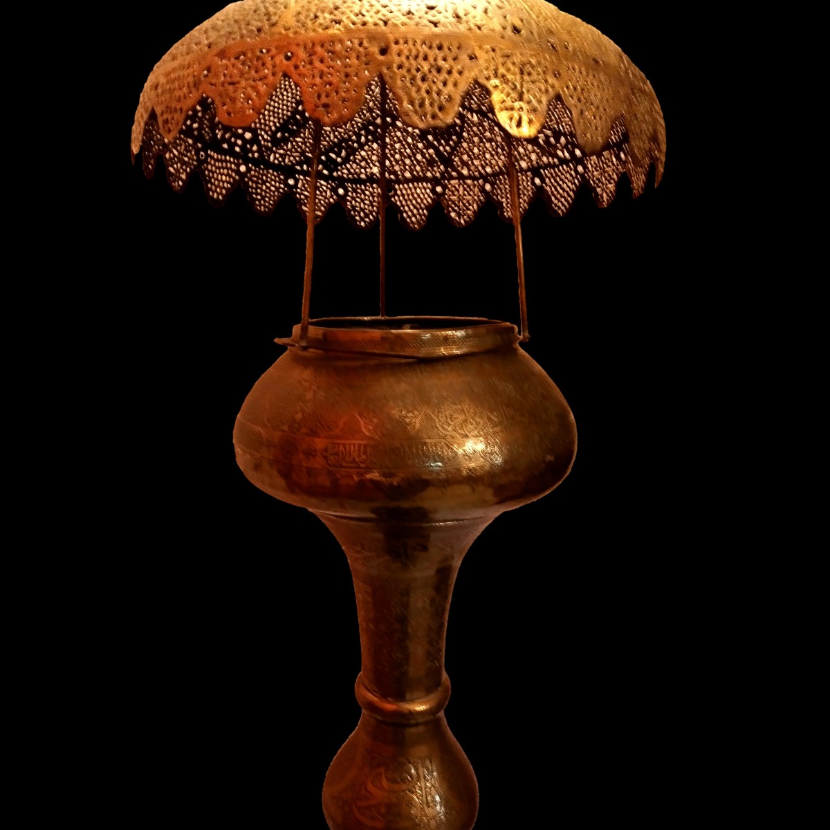 Large Floor Torch, From A Mosque, 202 Cm High, 19th Century, Chased Brass, Openwork, Very Good Condition-photo-5
