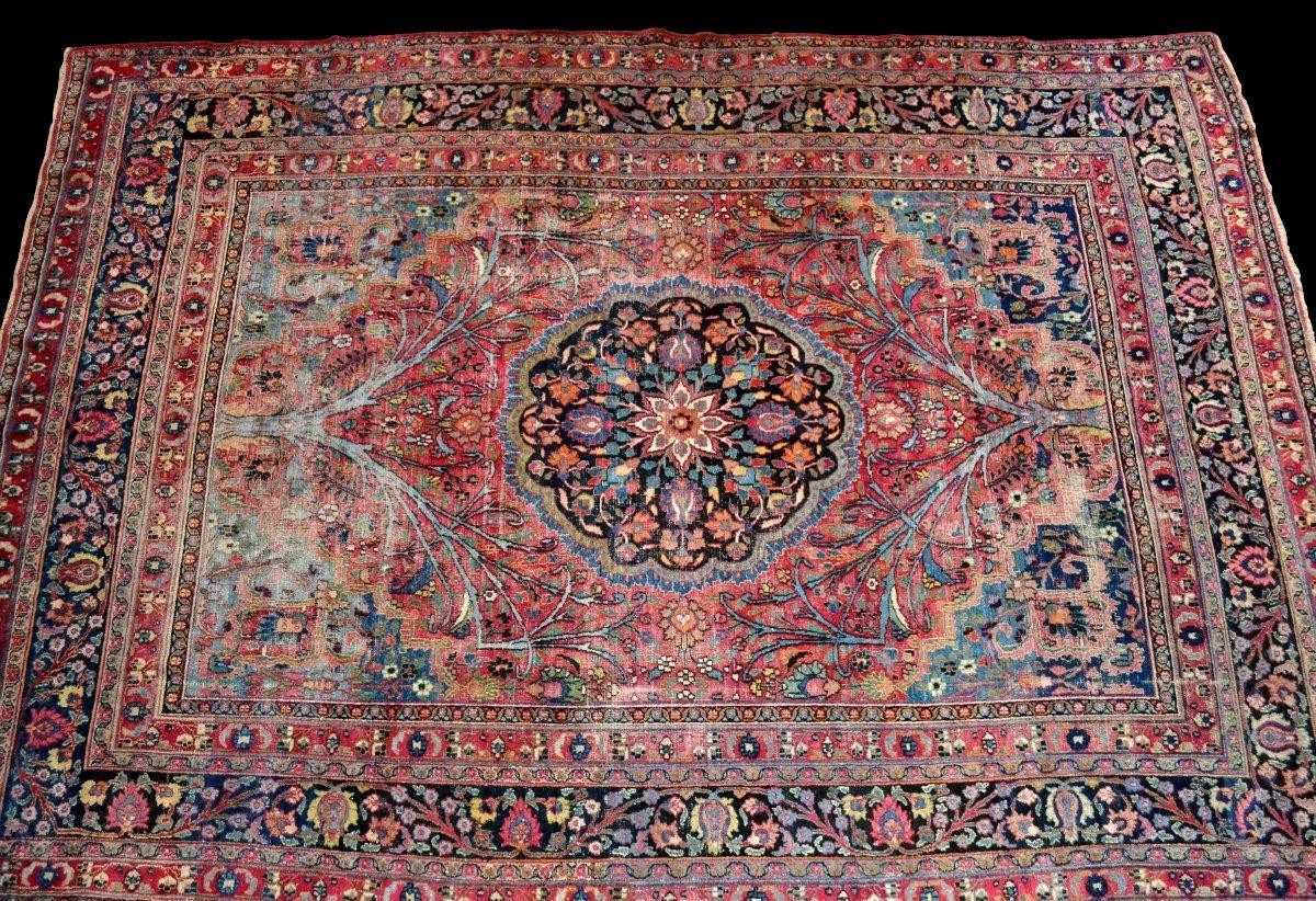 Tapis Tabriz aux arbres bleus, 253 x 357 cm, laine nouée main en Iran, Kadjar, XIXème Siècle-photo-3