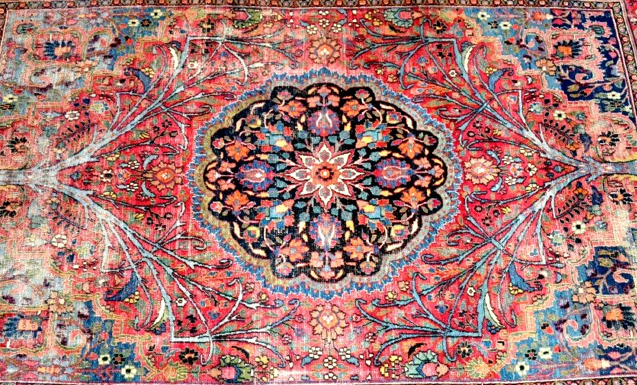 Tapis Tabriz aux arbres bleus, 253 x 357 cm, laine nouée main en Iran, Kadjar, XIXème Siècle-photo-2