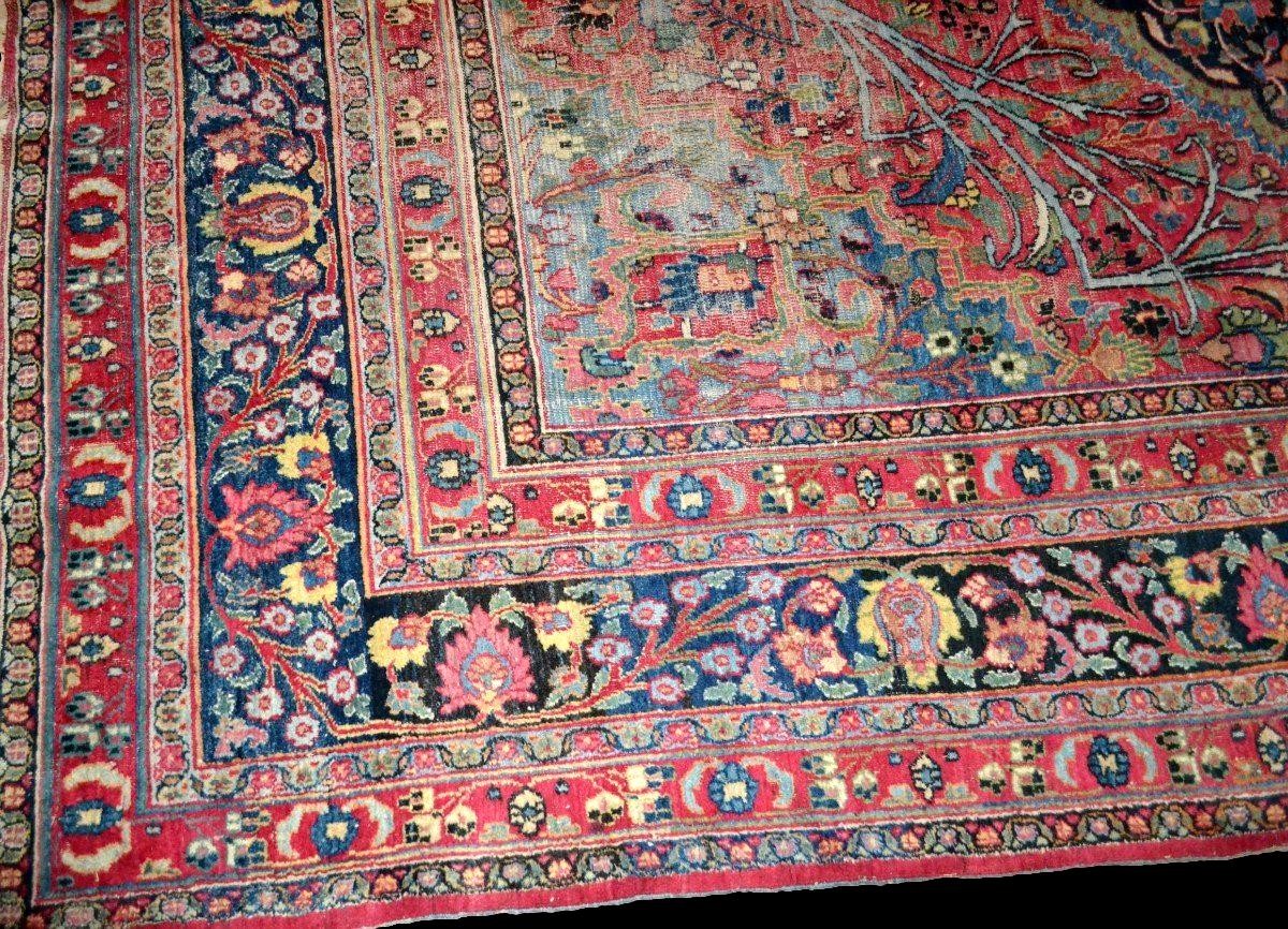 Tapis Tabriz aux arbres bleus, 253 x 357 cm, laine nouée main en Iran, Kadjar, XIXème Siècle-photo-5