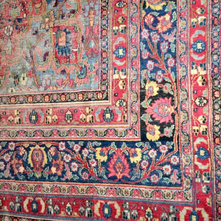 Tapis Tabriz aux arbres bleus, 253 x 357 cm, laine nouée main en Iran, Kadjar, XIXème Siècle-photo-6
