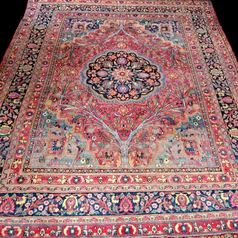Tapis Tabriz aux arbres bleus, 253 x 357 cm, laine nouée main en Iran, Kadjar, XIXème Siècle