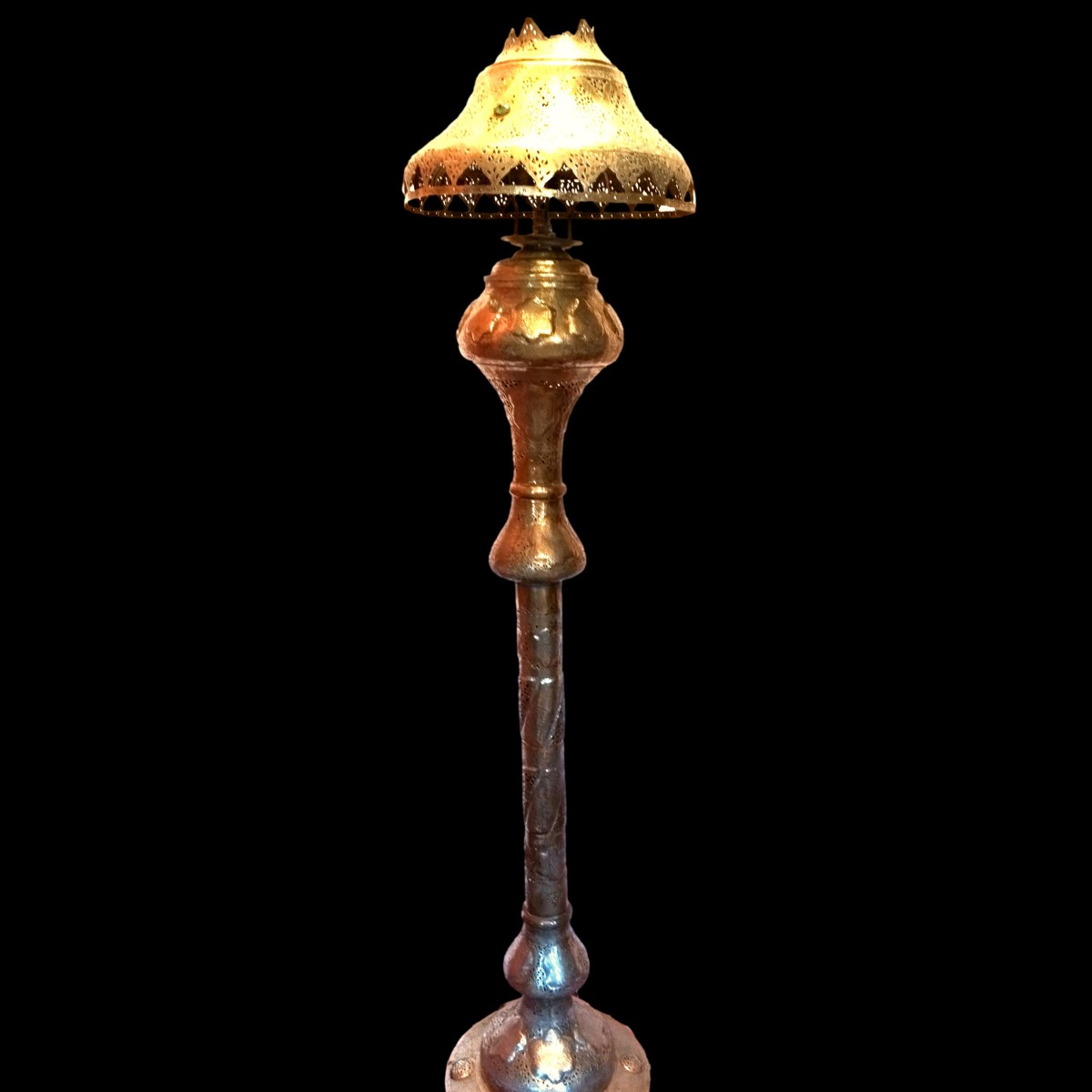 Importante torchère de sol, de mosquée, HT 195 cm, XIXème, laiton ciselé, ajouré, très bon état-photo-2