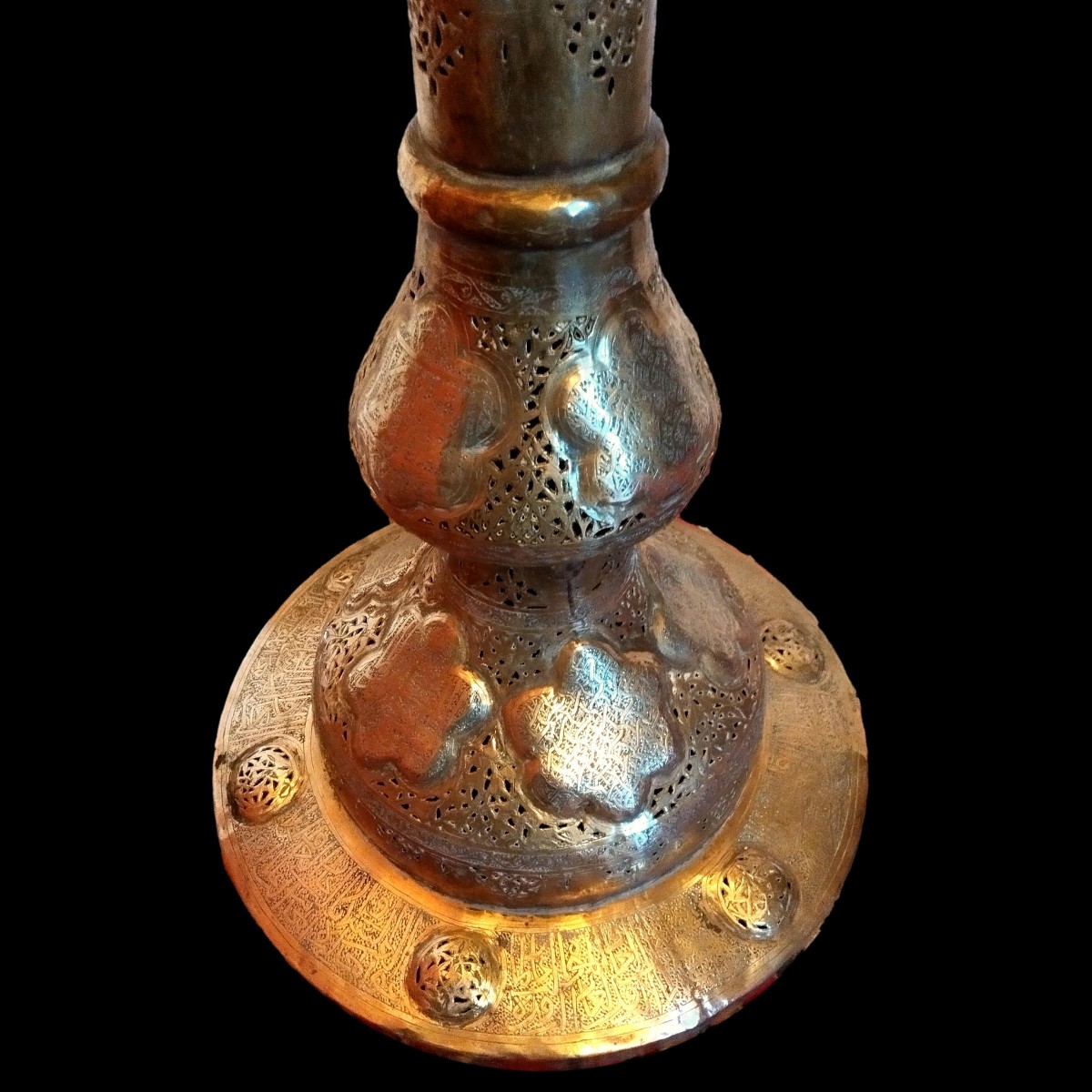 Importante torchère de sol, de mosquée, HT 195 cm, XIXème, laiton ciselé, ajouré, très bon état-photo-4